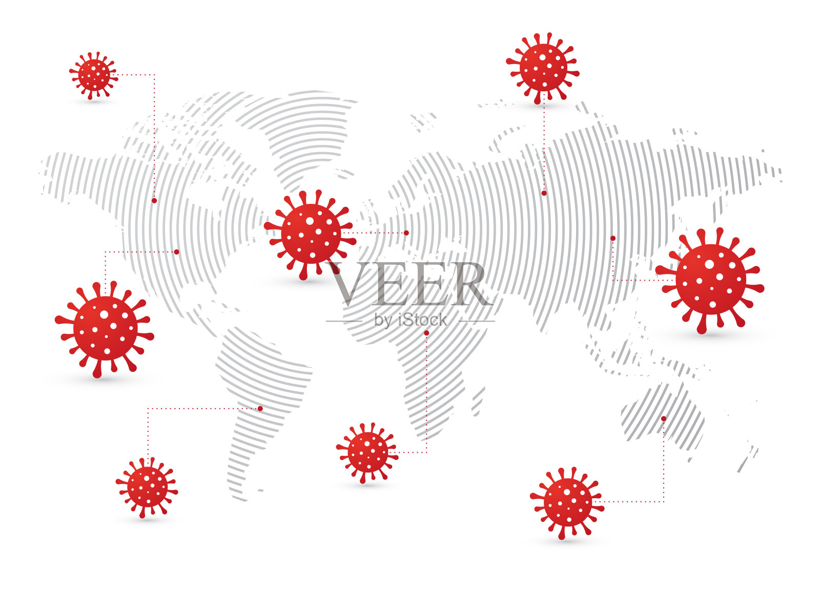用红色符号标出COVID-19病毒的世界疫情传播地图插画图片素材