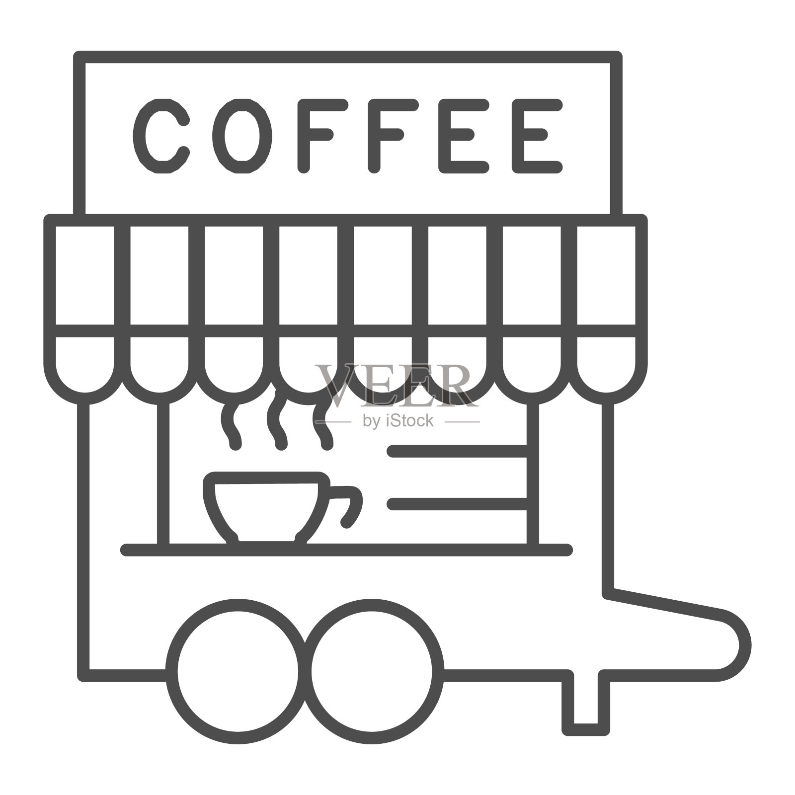 咖啡打破摊位细线图标。街头热饮车与招牌符号，轮廓风格的象形文字上的白色背景。咖啡或咖啡标志的移动概念，网页设计。矢量图形。插画图片素材
