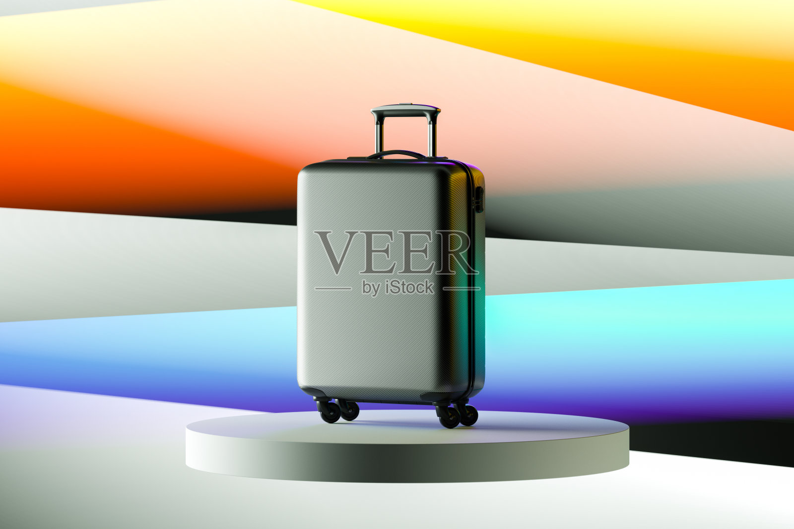 现代灰色塑料手提箱展示和彩色抽象背景。3d渲染照片摄影图片