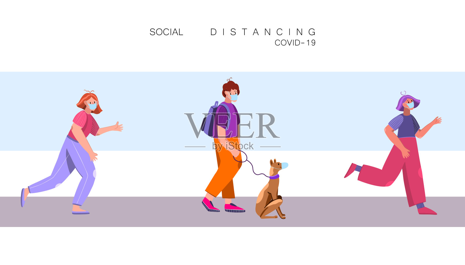 社交距离矢量插图与女性和男性角色面具与宠物。插画图片素材