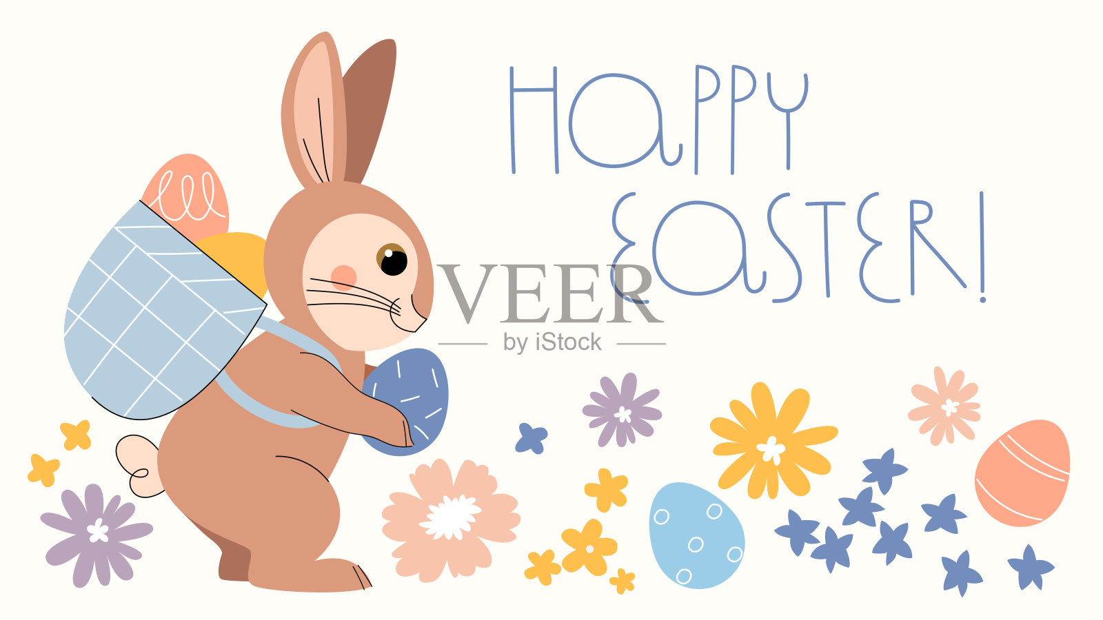 复活节贺卡与兔子。复活节兔子背着装满鸡蛋的篮子。寻找复活节彩蛋。插画图片素材