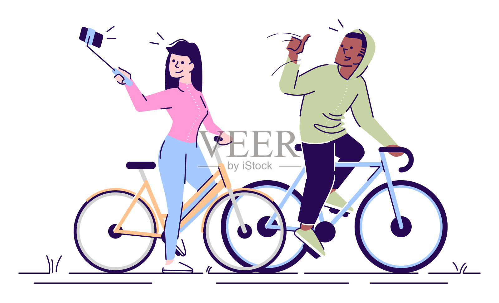 自拍平面矢量插图。男人和女人在自行车上自拍。夫妇制作自画像在运动训练孤立卡通人物在白色的背景设计元素图片