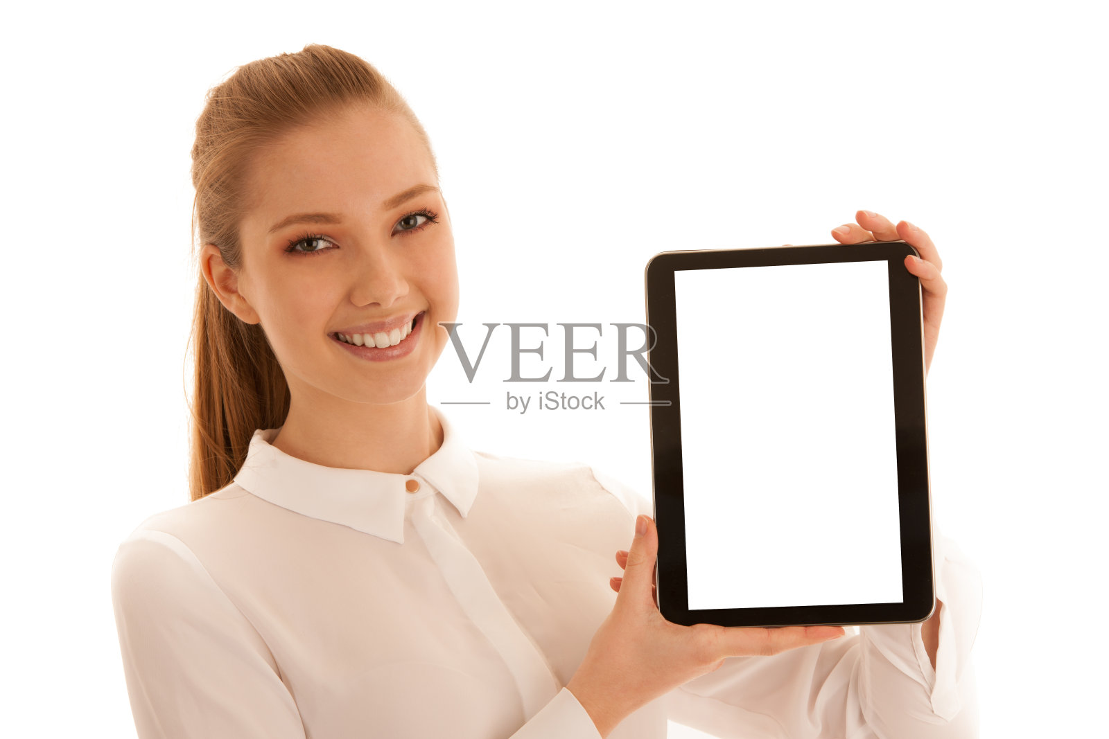 美丽的商业女性显示空白显示器平板电脑隔离在白色照片摄影图片
