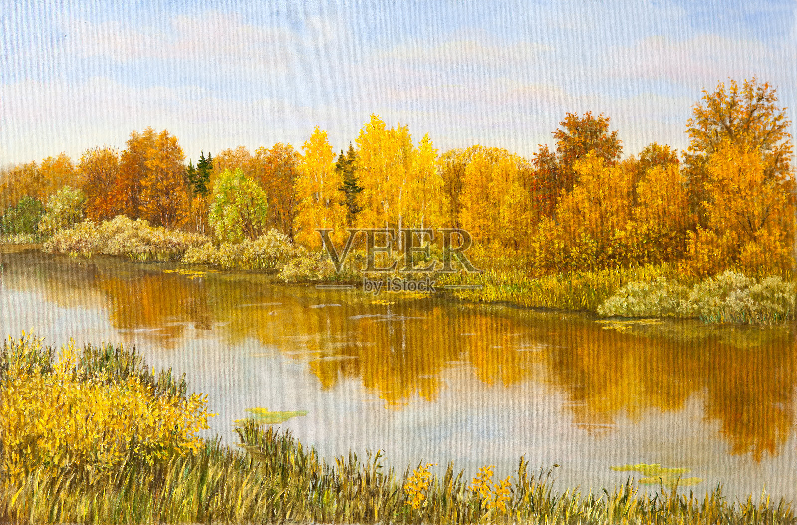 俄罗斯的乡村景观。平静的秋水与多云的天空和金色，橙色，绿色的草地和树木在海岸的水。手绘。画布上的原始油画插画图片素材