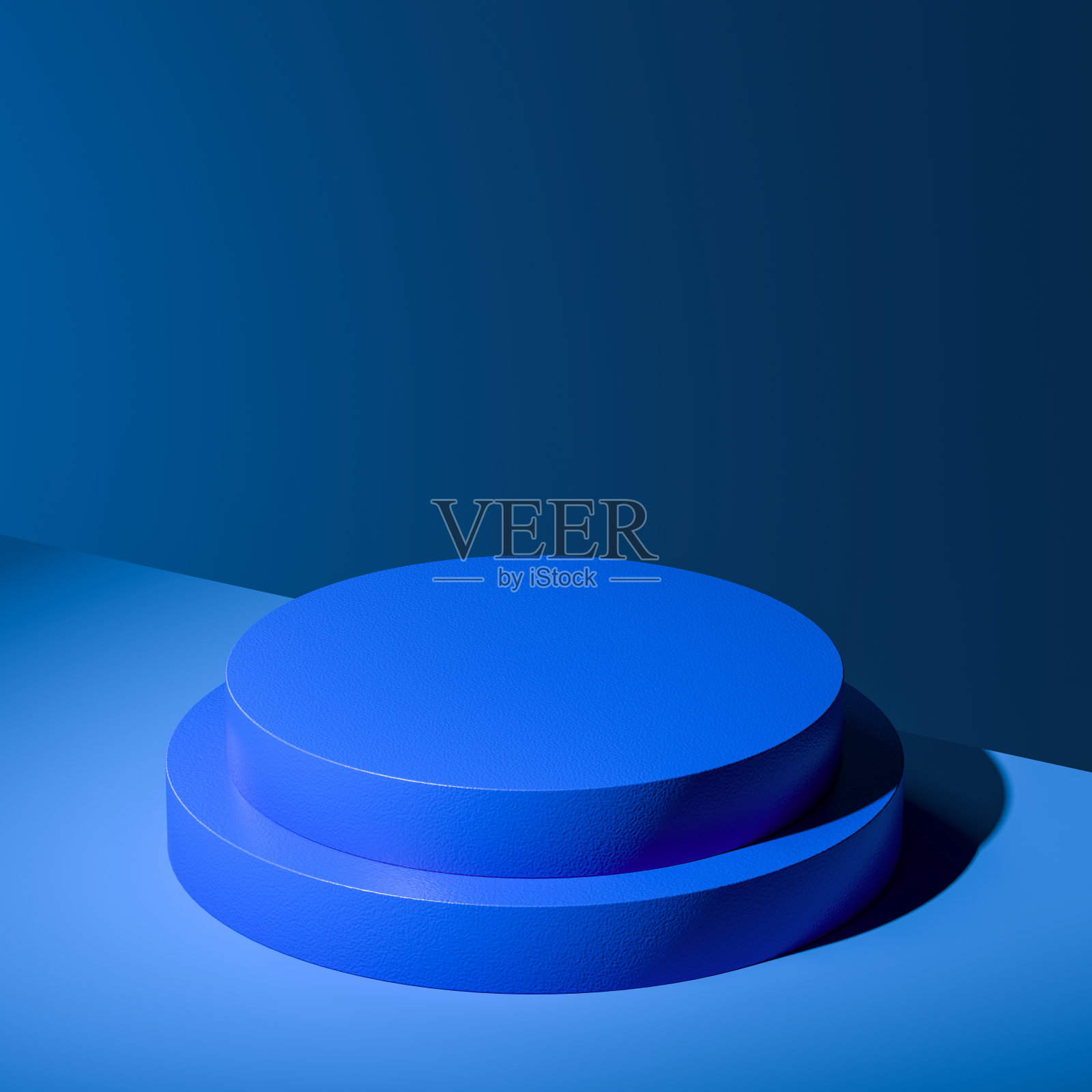 蓝色空白圆形展示与空白的蓝色背景。3d渲染。极简主义的概念。照片摄影图片