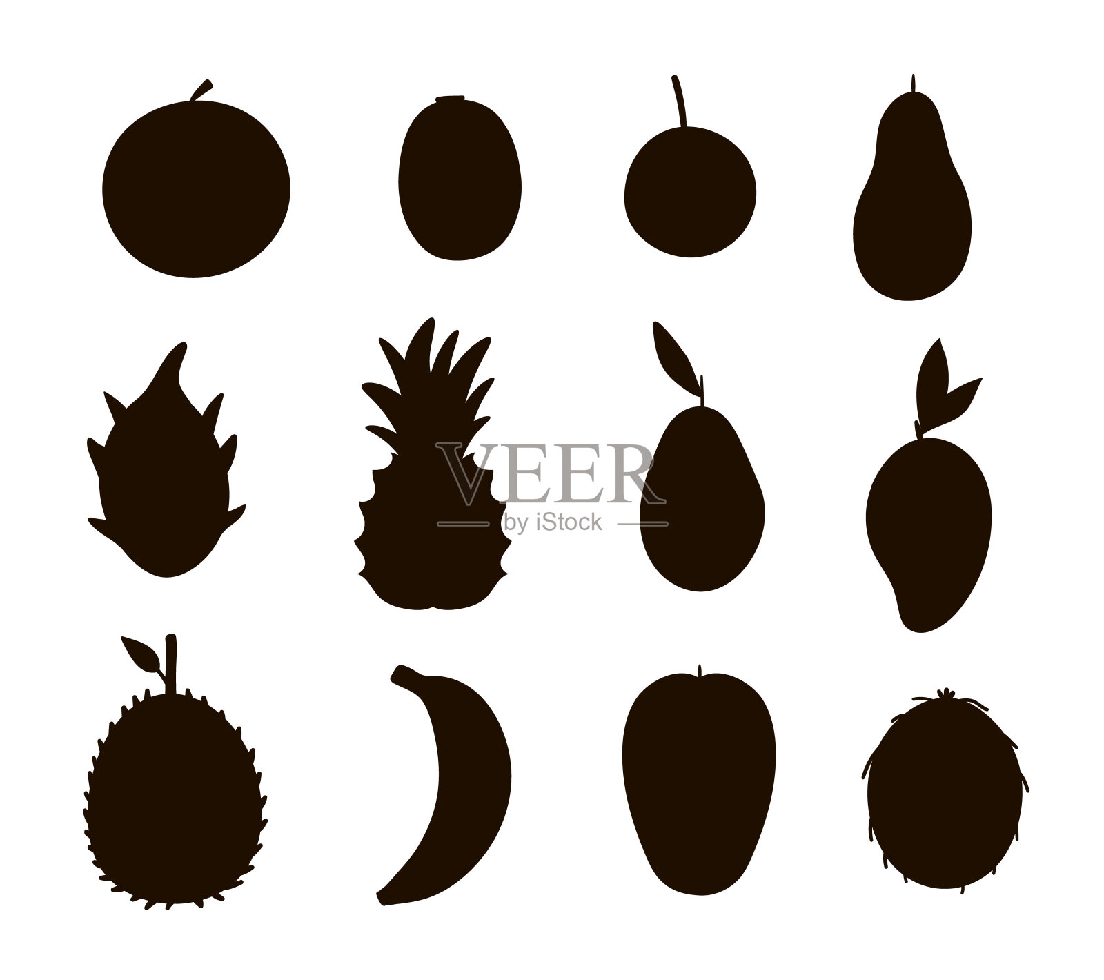 矢量热带水果和浆果剪影。丛林叶黑色插图。手绘的外来植物孤立在白色的背景。健康夏季食品券设计。插画图片素材
