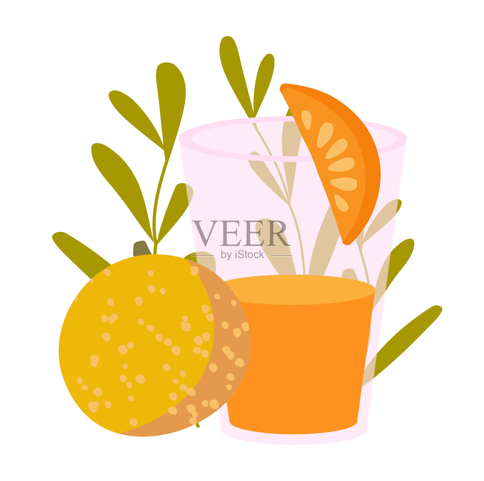 矢量插图的一个橙子与一片和一杯果汁在白色的背景。异国情调项目的设计在平面风格。插画图片素材