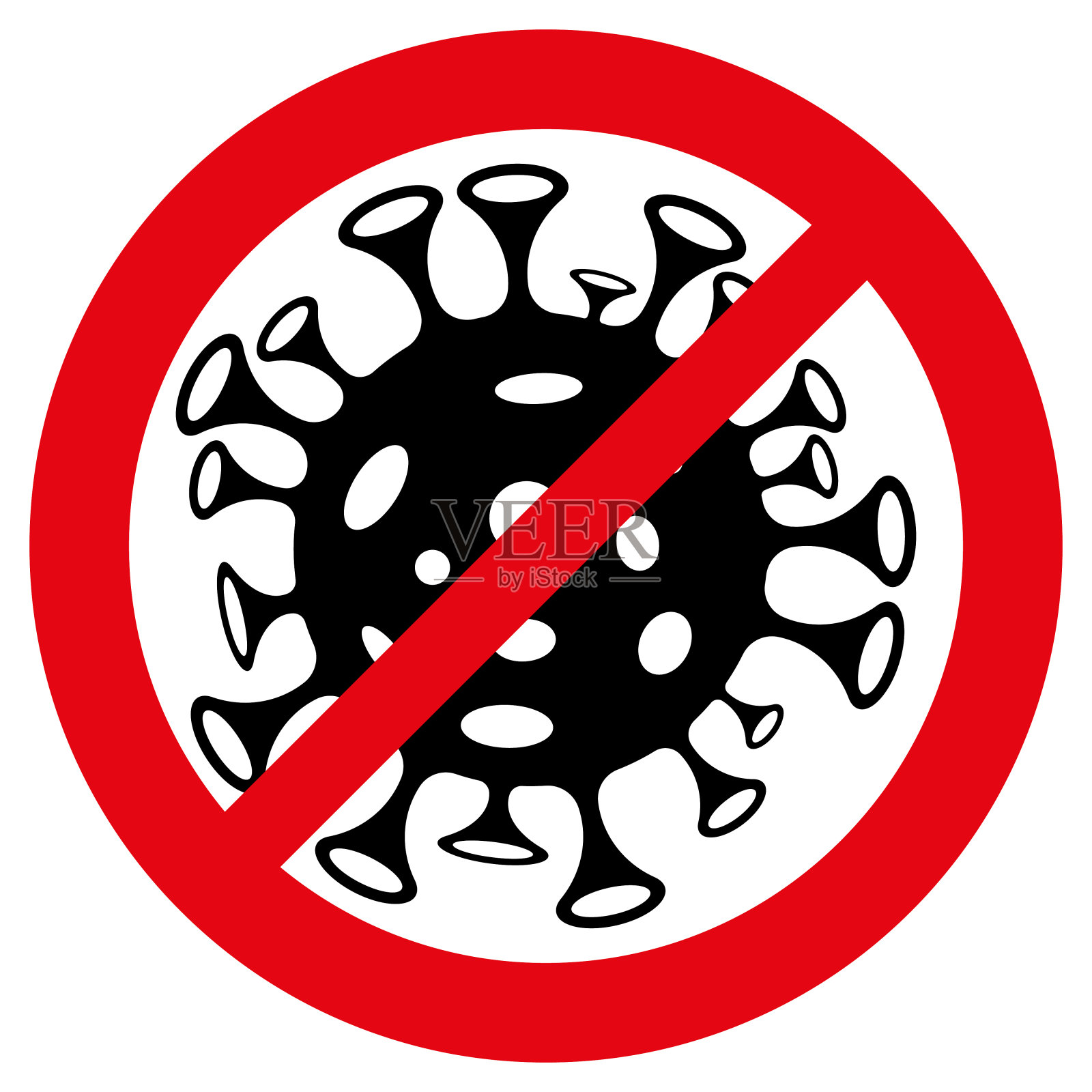 白色上分离的冠状病毒上的红色禁止标志插画图片素材