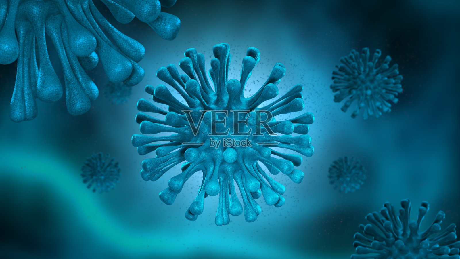 COVID-19冠状病毒病。有机3d模型。危险的呼吸道感染，SARS-CoV-2。流感爆发，病原体流感或艾滋病毒，绿色癌细胞。医学流行病，健康风险概念，背景。照片摄影图片