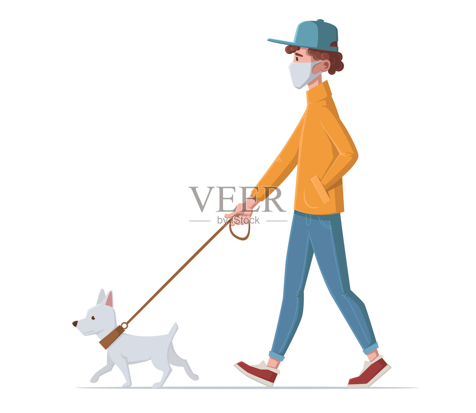 一个戴着面具的年轻人带着狗散步。矢量插图。插画图片素材