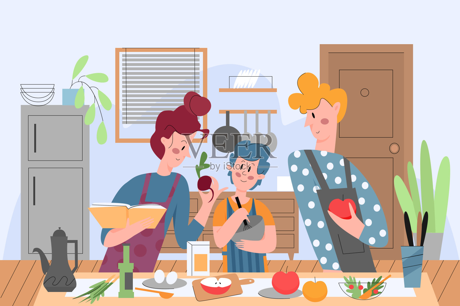 家庭烹饪，人们在厨房矢量插图家庭烹饪插画图片素材