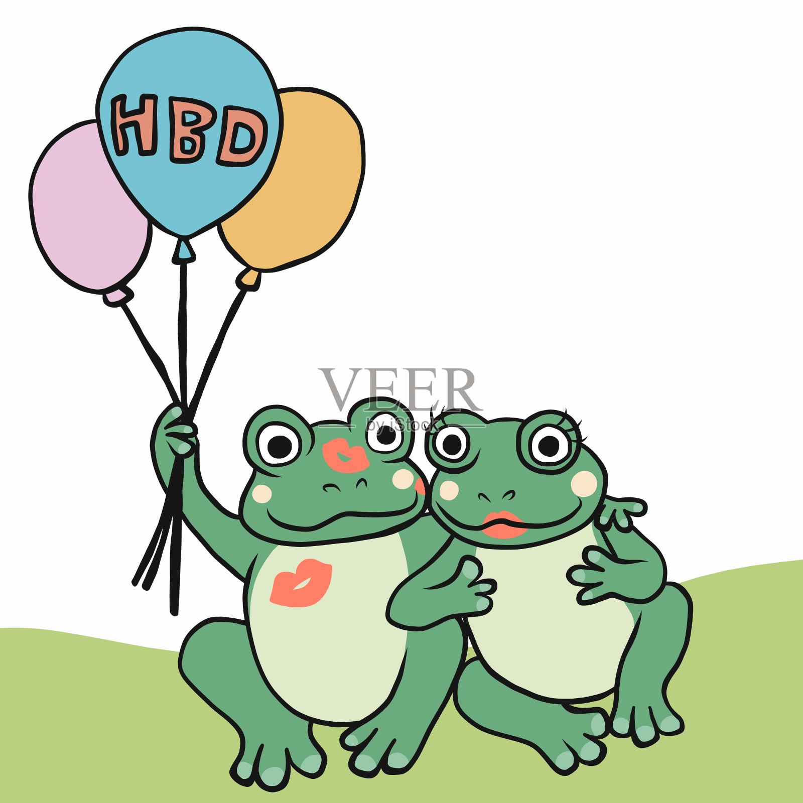 一对青蛙生日快乐气球卡通矢量插图插画图片素材