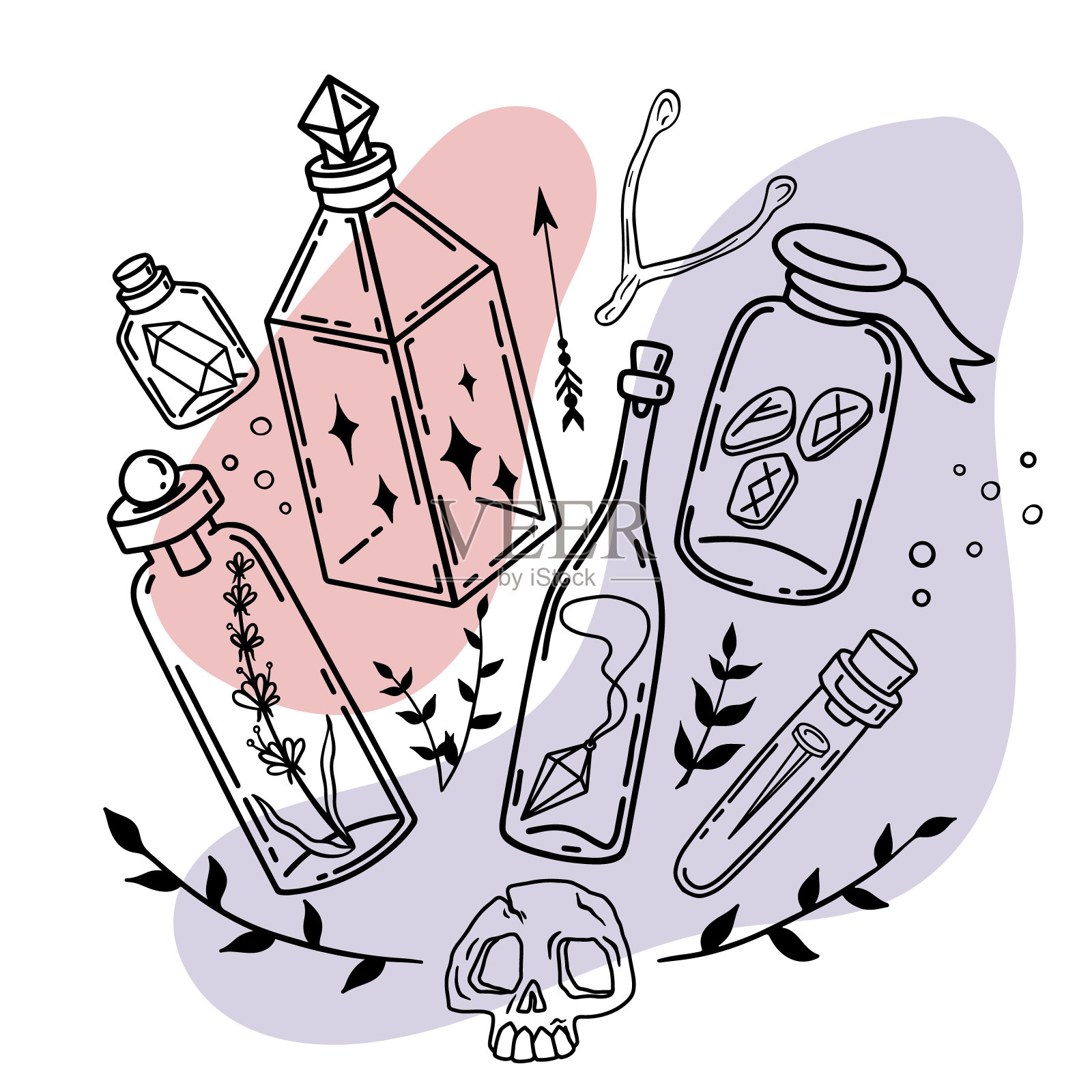 手绘草图一套魔术组件与不同的药水成分在不同的玻璃瓶和广口瓶插画图片素材