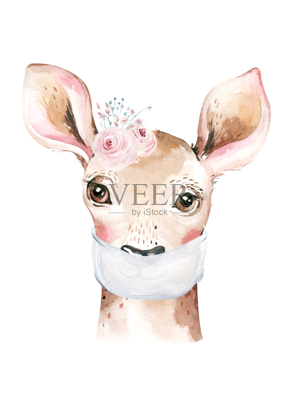 鹿动物可爱的医生水彩儿童插图孤立在白色的背景。医疗儿童设计。防护传染病口罩医疗诊所插画图片素材