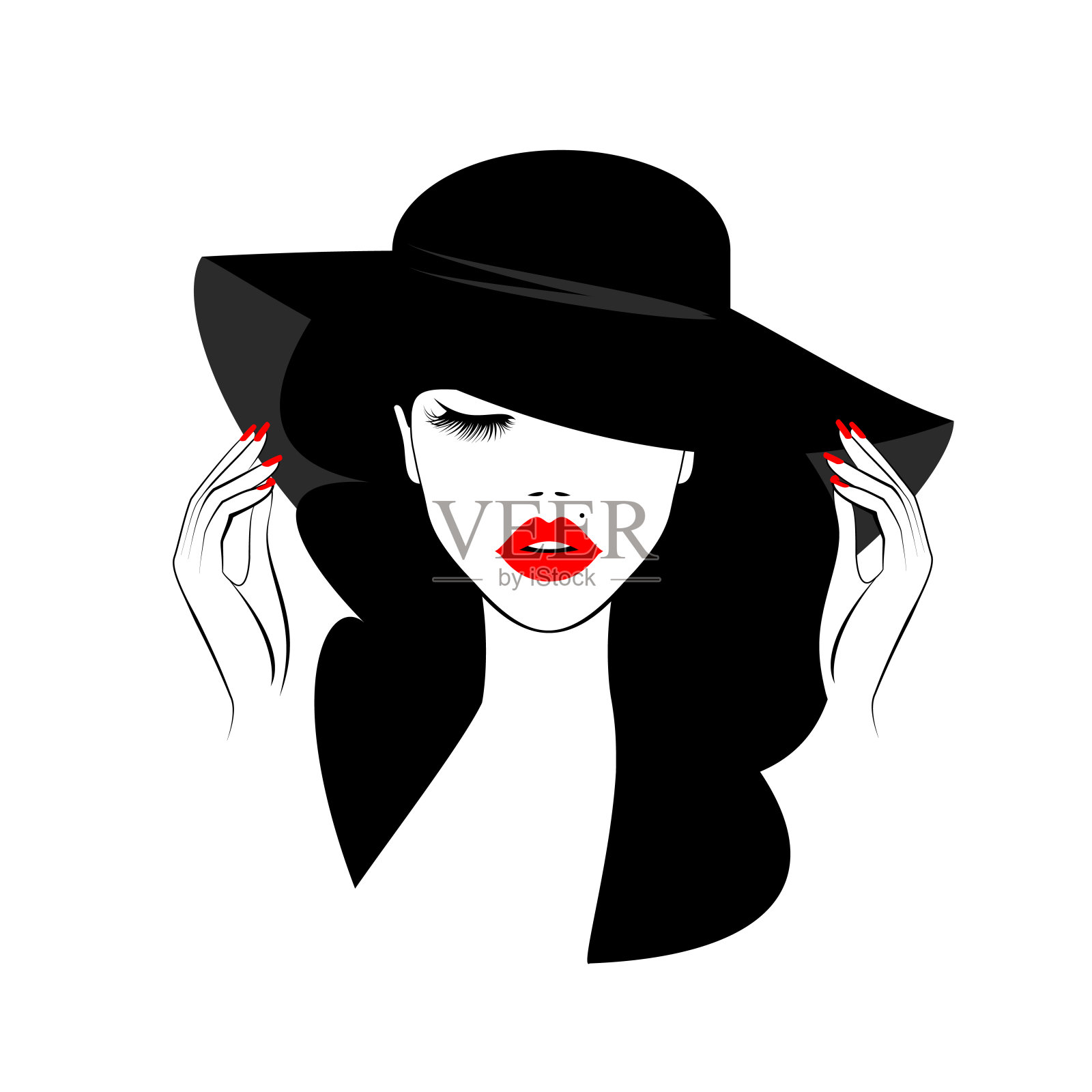 漂亮的女人戴着黑色的夏帽，黑色的头发，闭着眼睛，红色的口红，红色的指甲。美丽的标志。艺术指甲。向量时装插图。插画图片素材