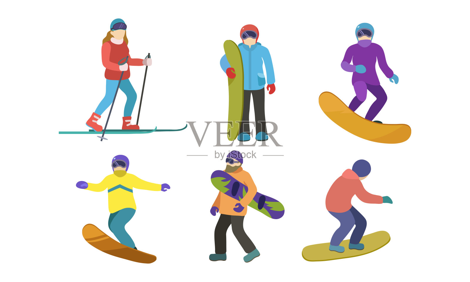 设置不同的滑雪者和滑雪板角色。矢量插图在平面卡通风格。设计元素图片