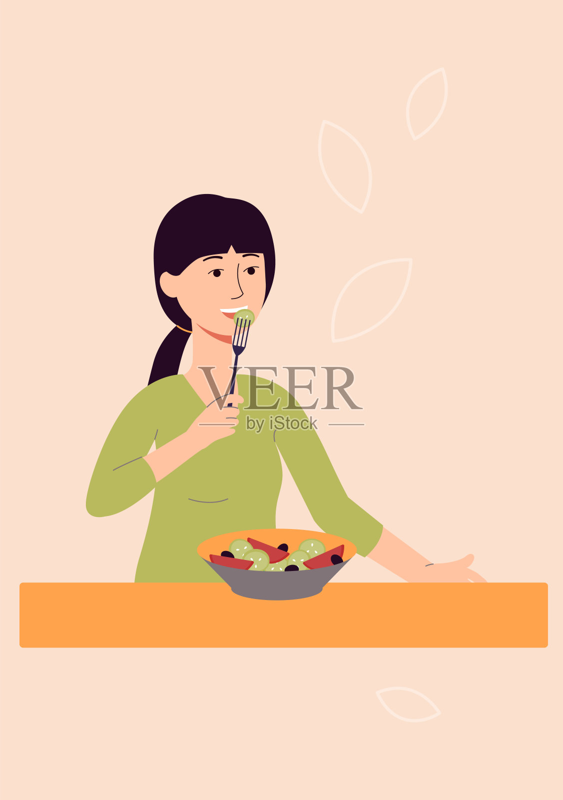 女卡通人物吃素食平面矢量插图孤立。插画图片素材