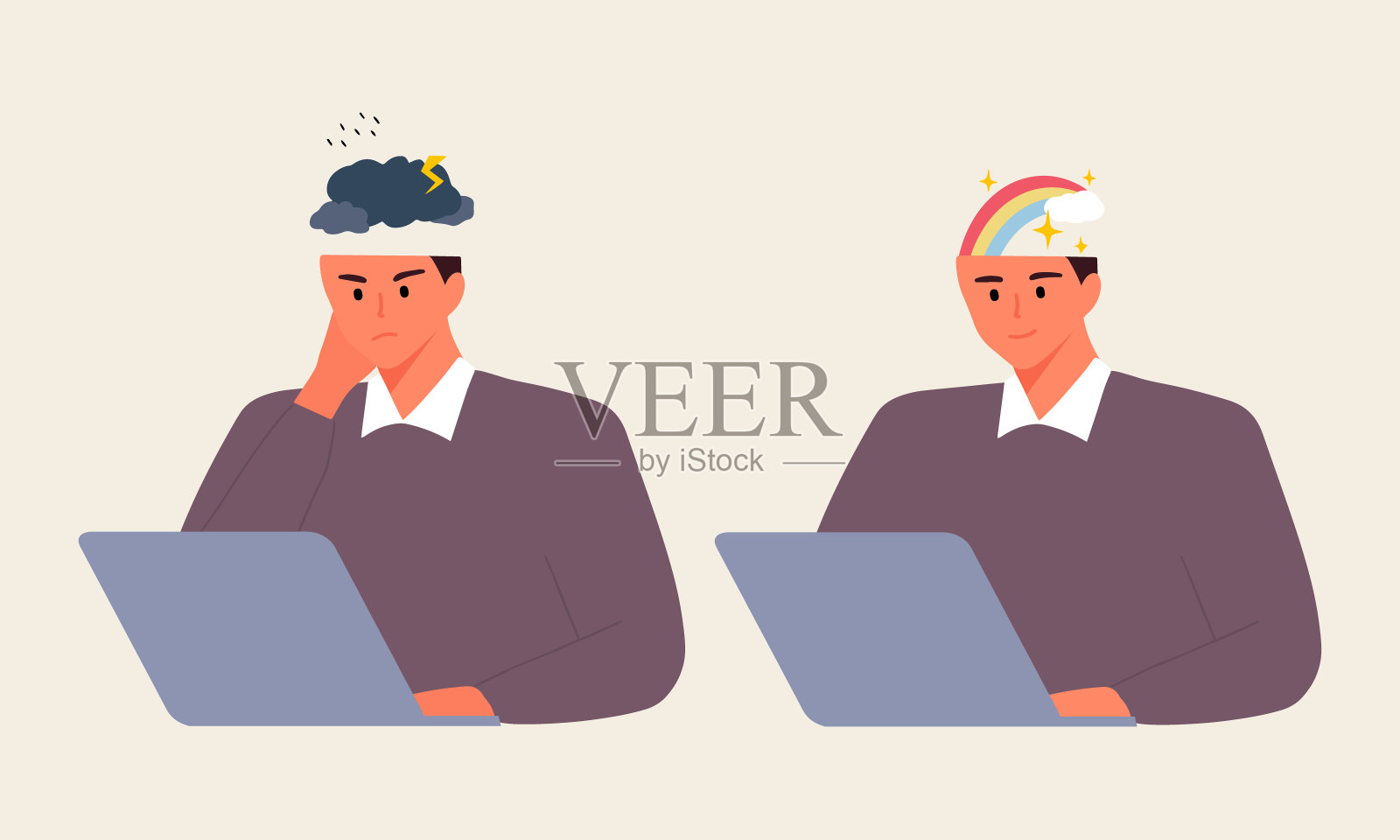 一个人坐在笔记本电脑上工作，他的精神状态和情绪有好有坏插画图片素材