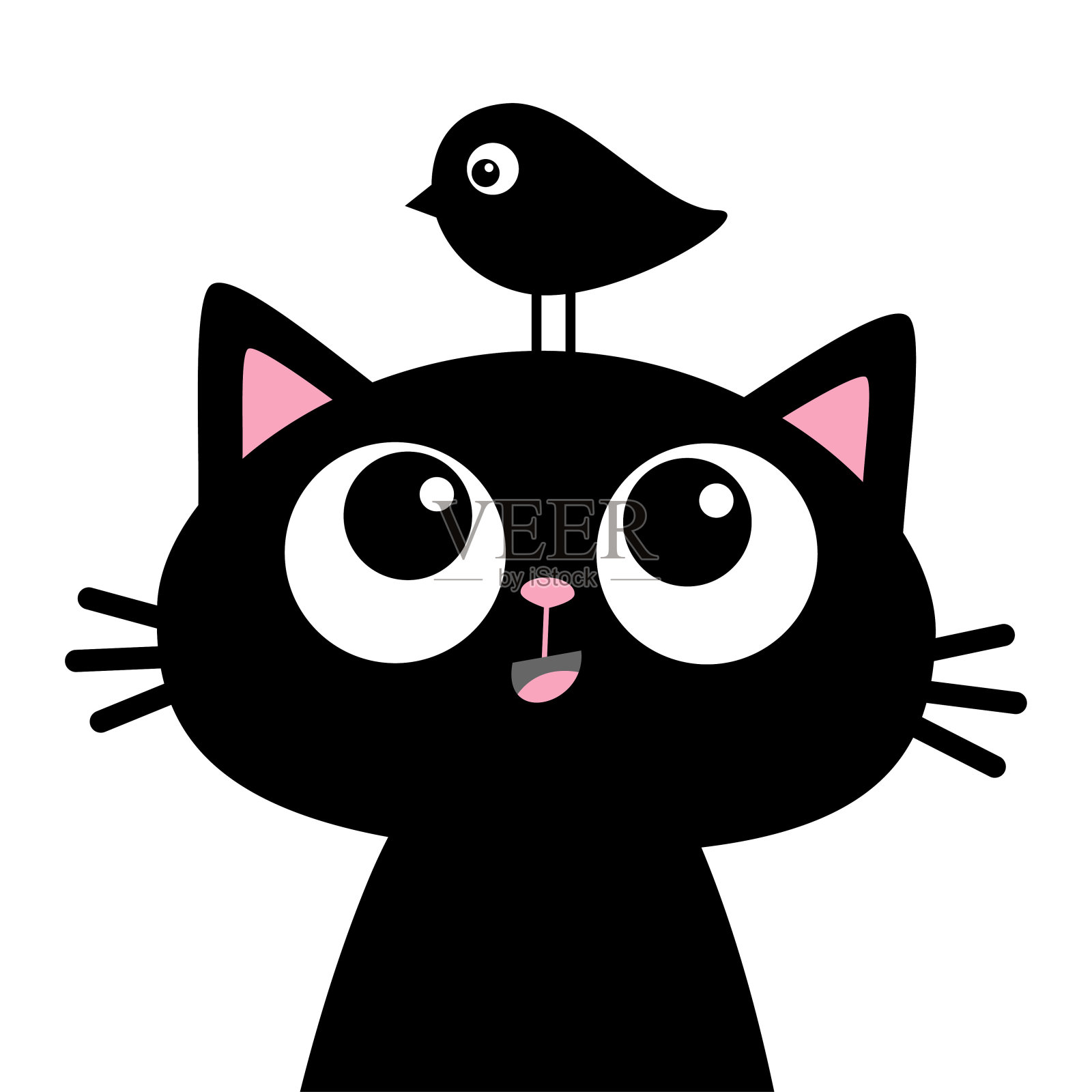 黑猫抬头看怪鸟的剪影。可爱的卡通人物。卡哇伊小动物。宠物标签集合。平面设计。北欧风格。白色背景。插画图片素材
