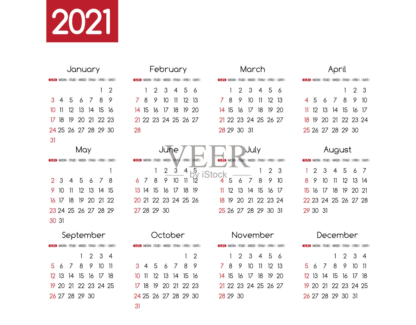 矢量2021年新年日历计划模板在最小表简单风格红色和灰色，假日事件日程表，周开始周日。12个月布局年度日历。时间表为日记插画图片素材