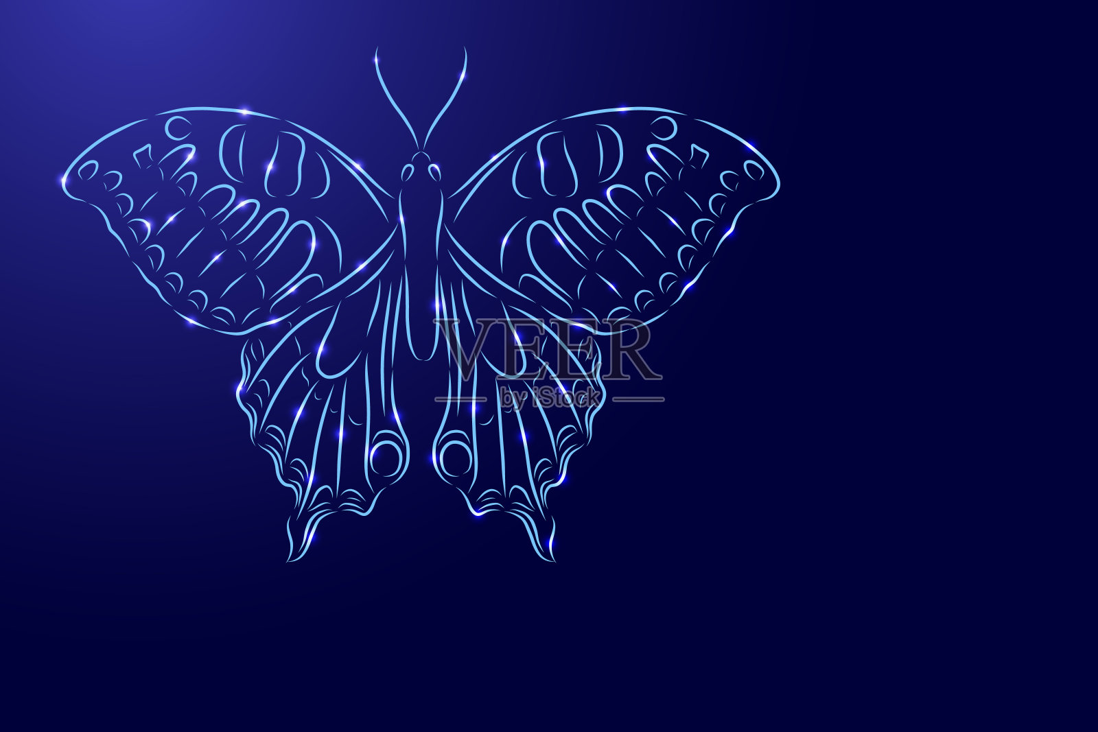 蝴蝶昆虫的轮廓由经典的蓝色笔刷线条不同粗细和发光的星星在黑暗的背景上。矢量插图。插画图片素材