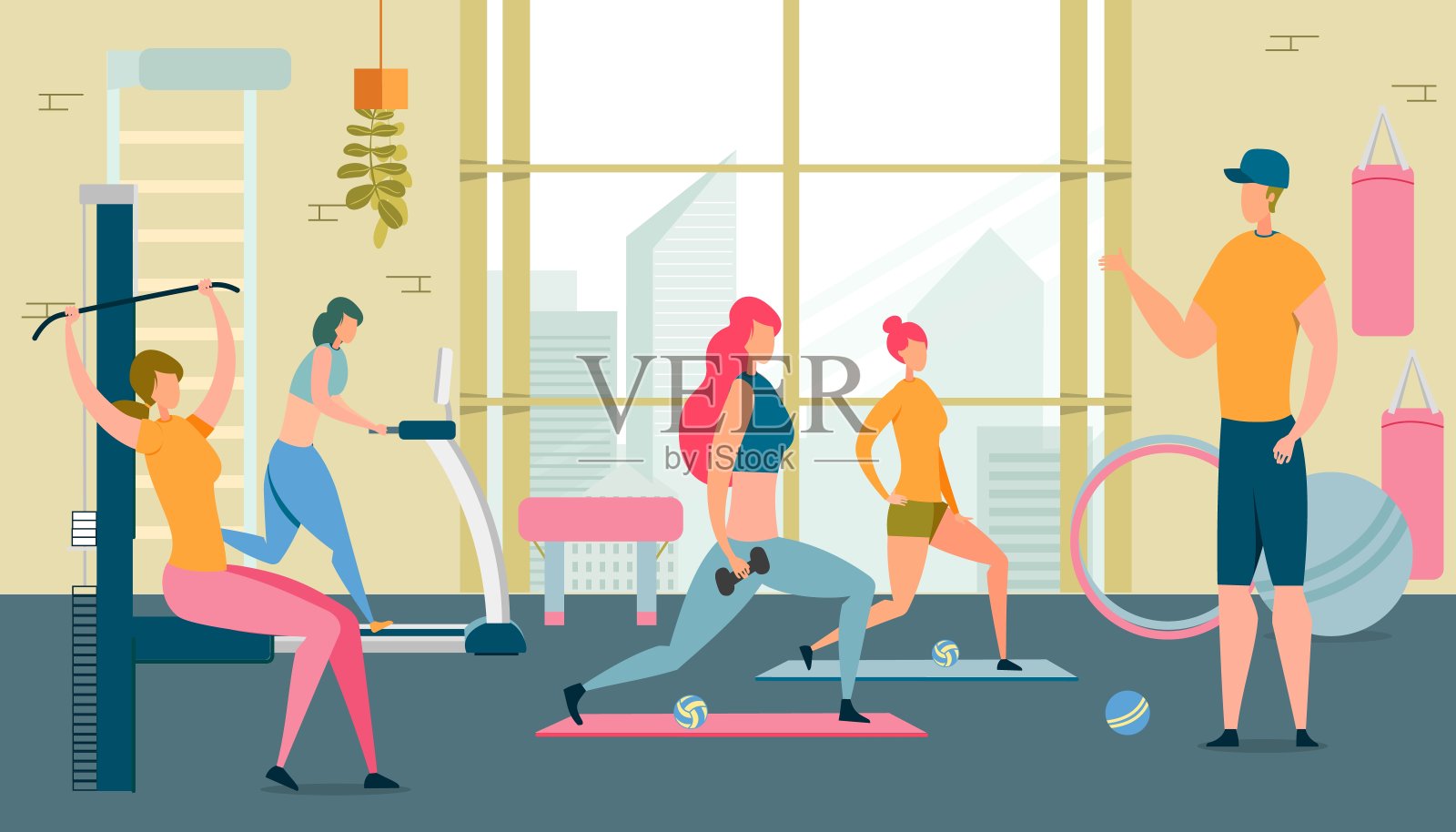 妇女在健身房做运动，健身，健康的女孩。插画图片素材