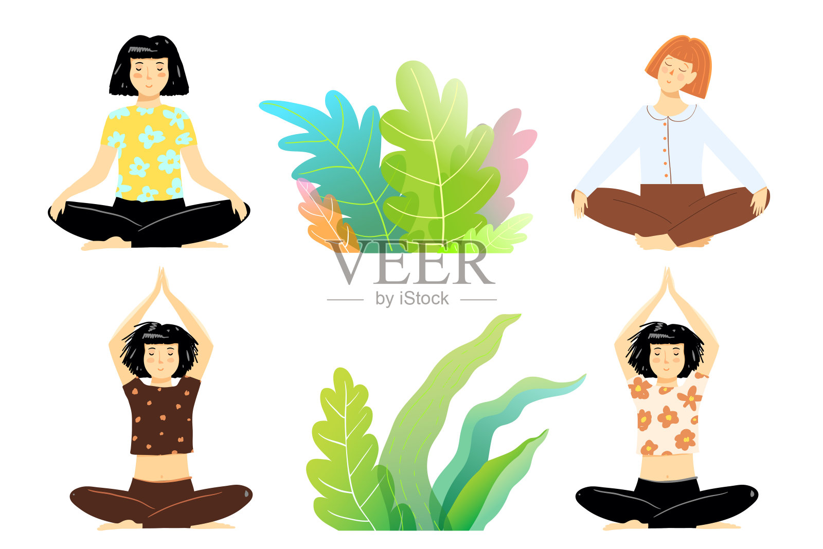 美女练瑜伽卡通用自然花草，现代孤立矢量人物设计。插画图片素材