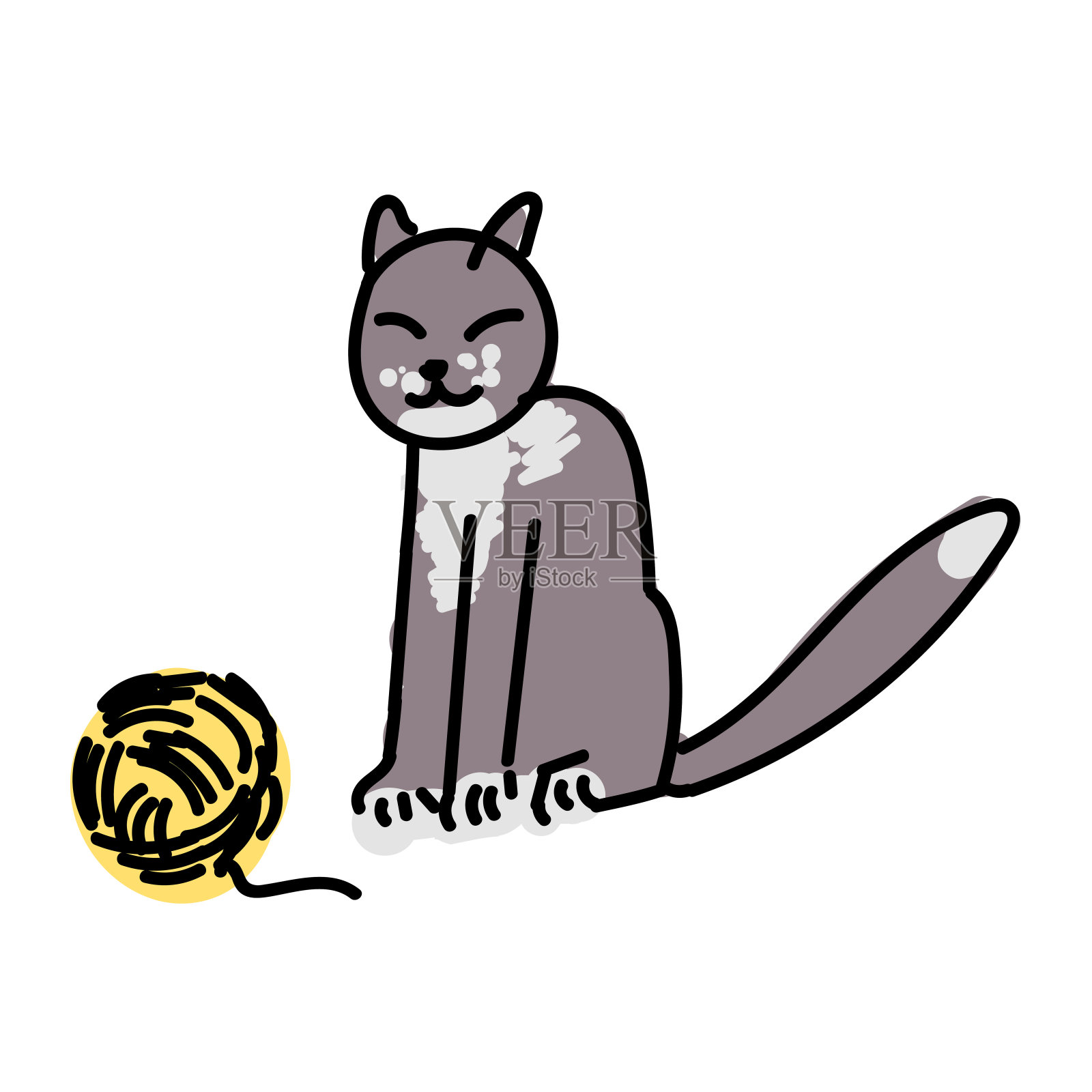 可爱的卡通线性涂鸦猫与毛线球孤立在白色的背景。矢量图插画图片素材