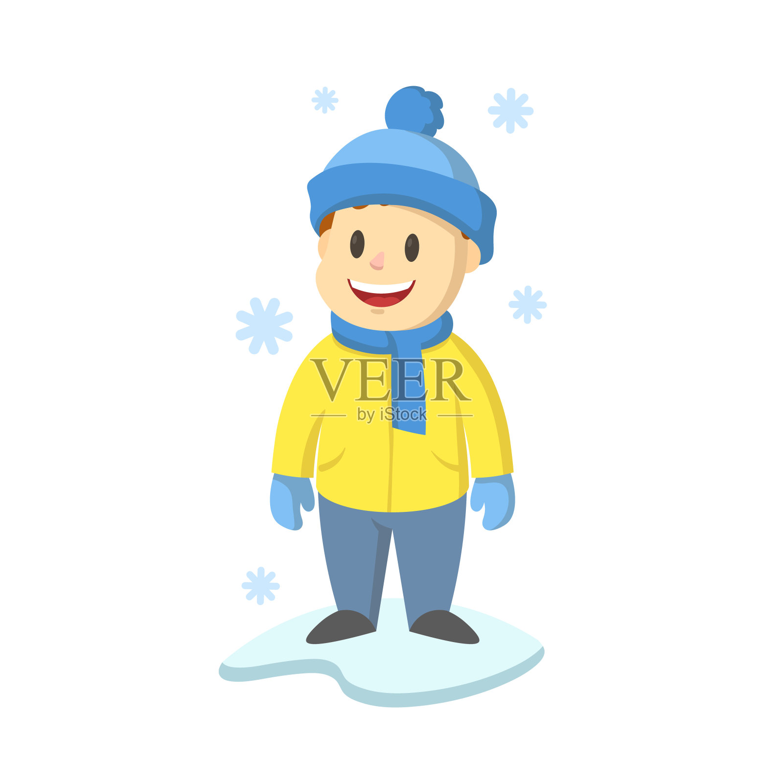 微笑的男孩在冬天的帽子下站在雪下，卡通人物设计。平面矢量插图，孤立在白色背景上。设计元素图片