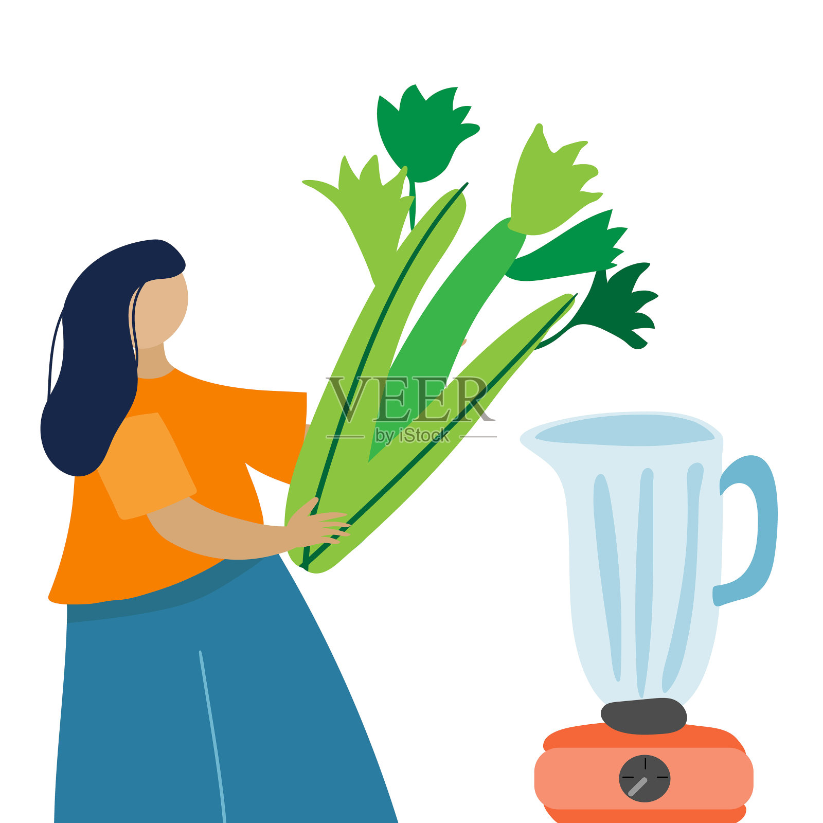 一个女人拿着芹菜，准备用搅拌机做排毒饮料。手绘平面卡通矢量插图孤立的白色背景。健康生活方式早餐能量早餐营养概念。设计元素图片