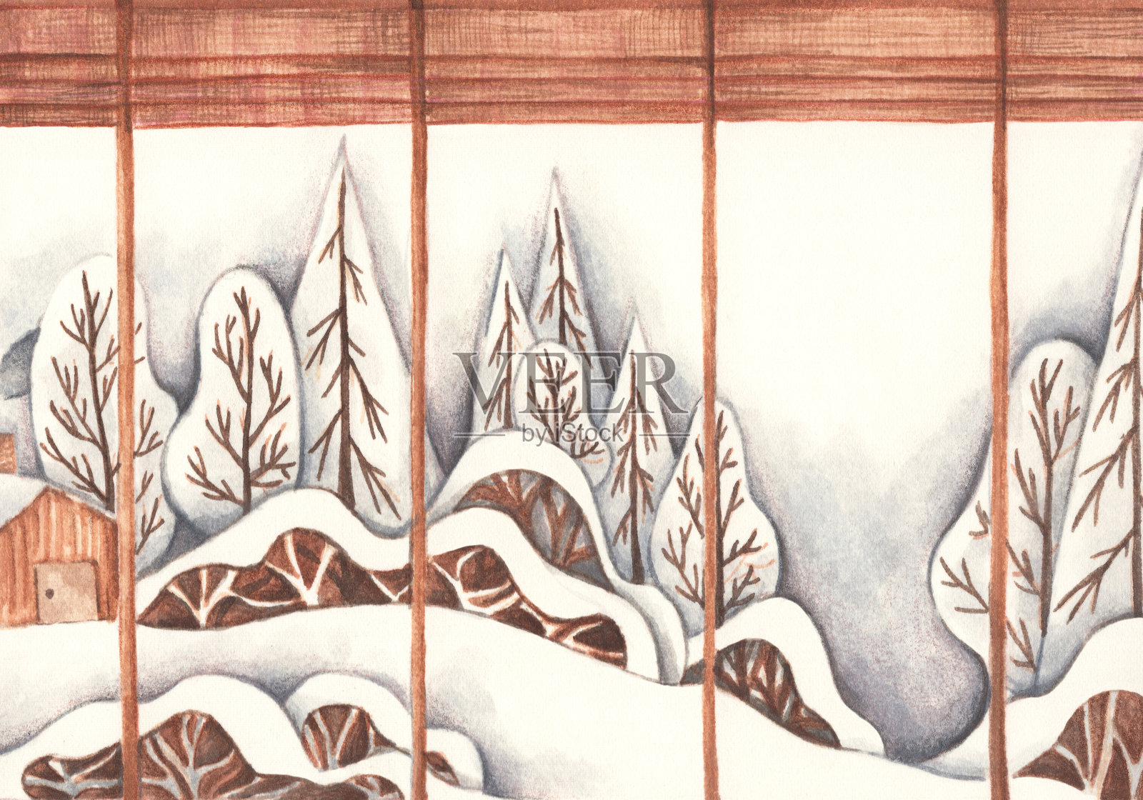冬季背景有雪堆和景观。水彩插图。插画图片素材