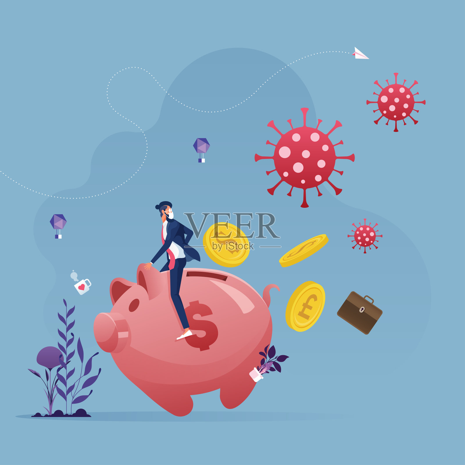 商人骑着小猪储蓄罐逃离冠状病毒和硬币飞溅的商业矢量概念插画图片素材
