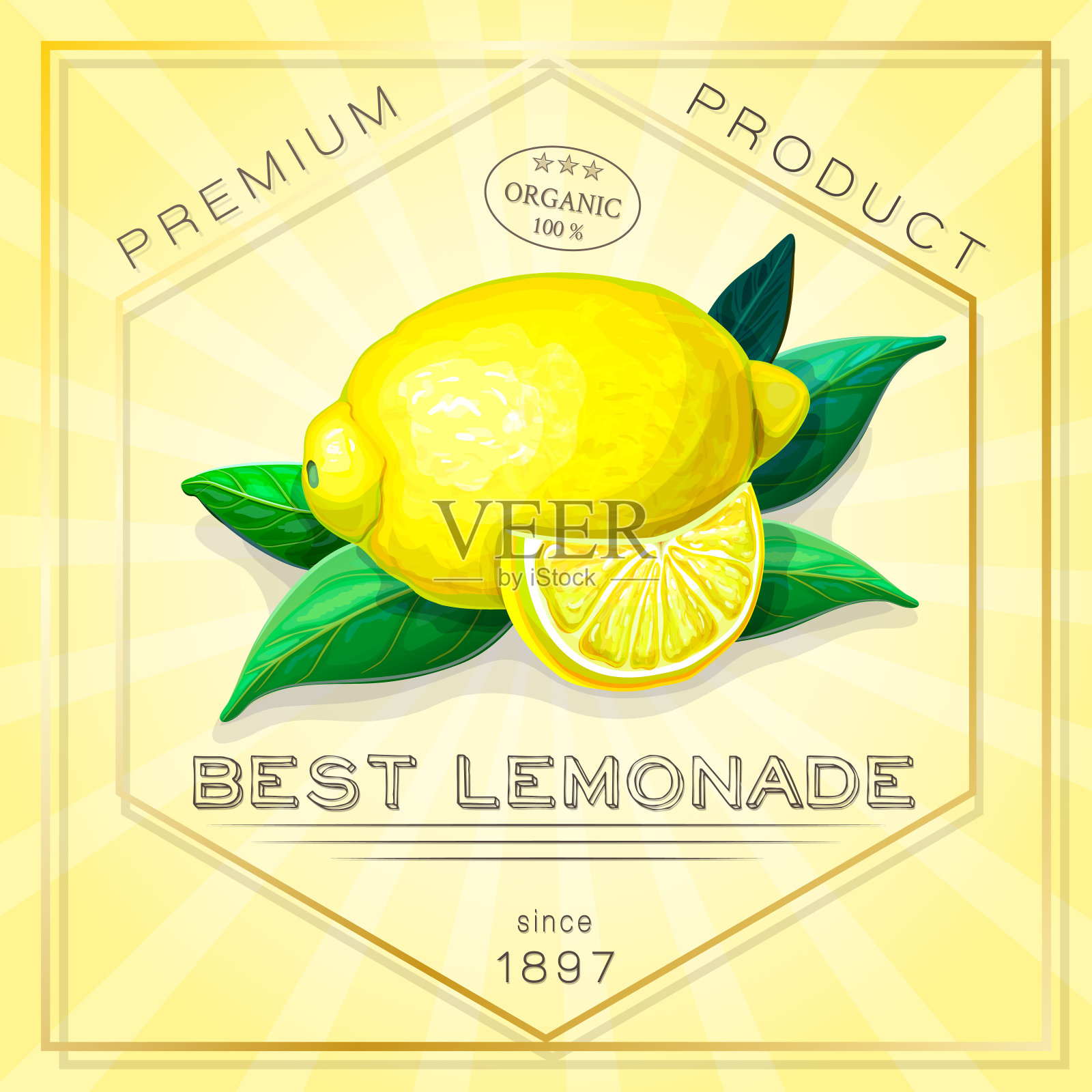 外来柑橘类水果的复古广告海报。向量标签黄色成熟柠檬，绿色的叶子在复古风格。方形优雅的柠檬水贴纸。带有新鲜柠檬的旧广告横幅。有机产品。插画图片素材