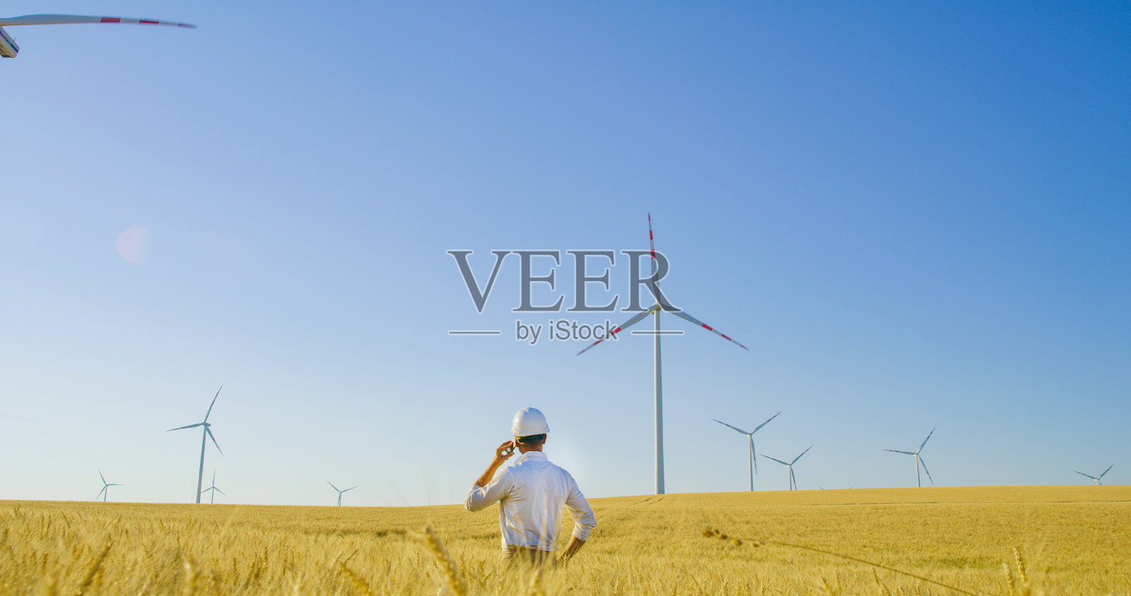 奥地利，工程师站在麦田里，用风力涡轮机打电话照片摄影图片