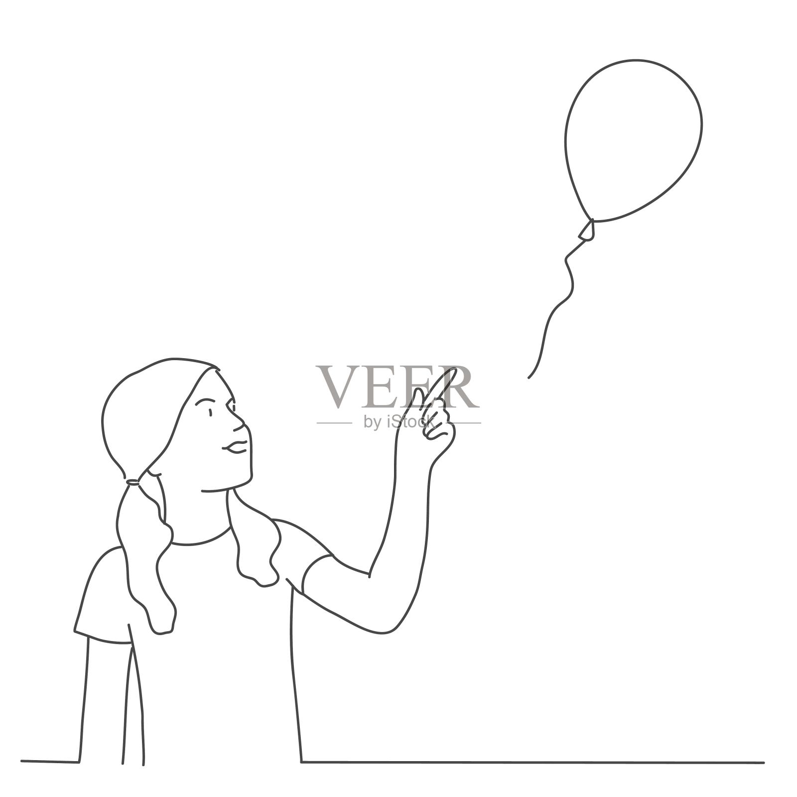 小女孩把手指放在气球上插画图片素材