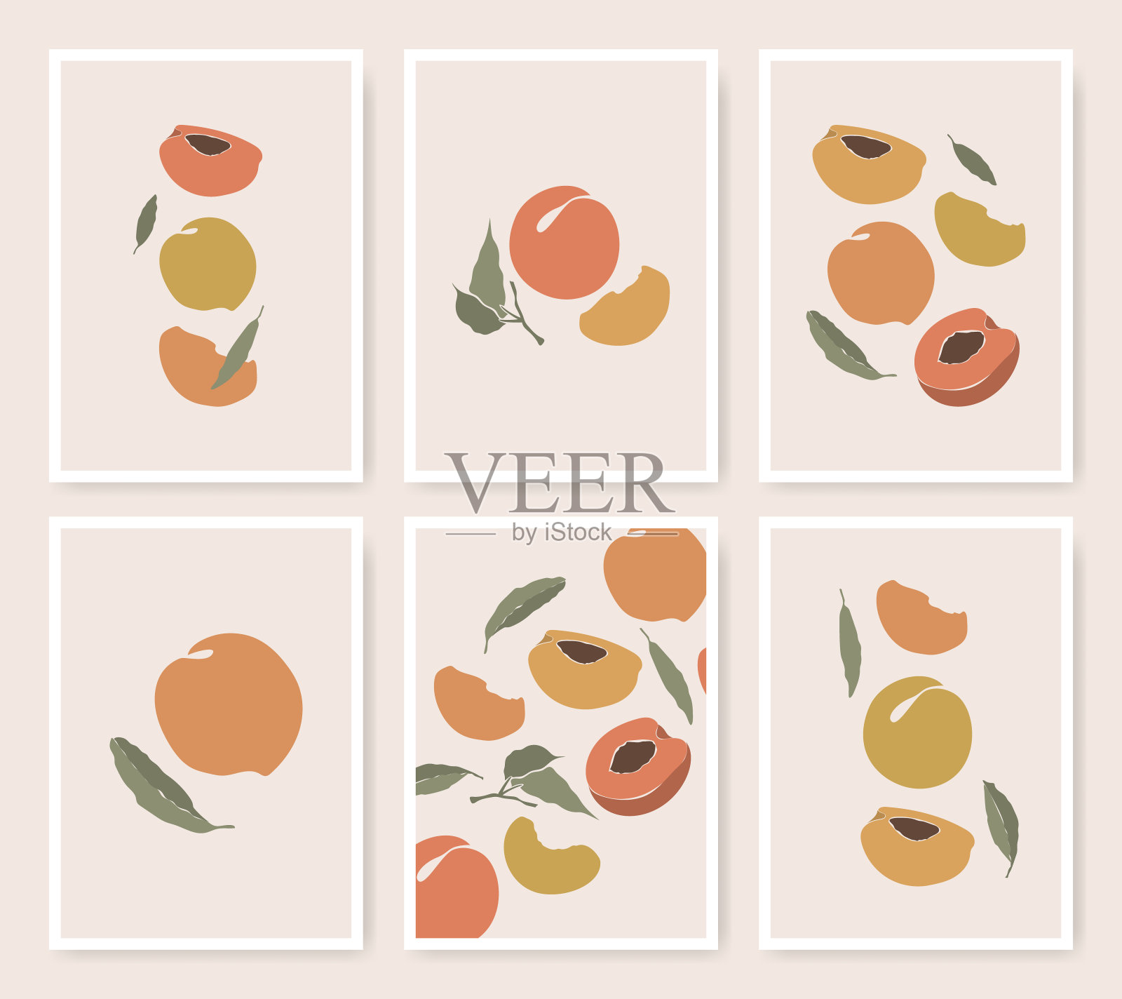 桃子印刷海报与手绘水果图标与树叶。极简主义风格的抽象植物构图。装饰食物插图。插画图片素材