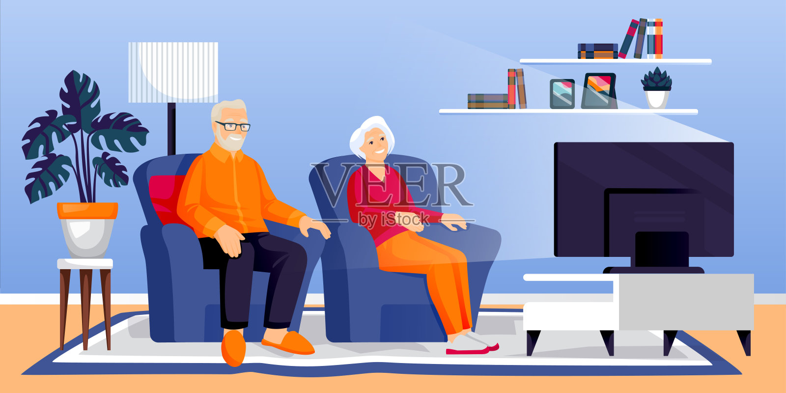 一对老夫妇在房间里看电视。老男人和老女人一起坐在沙发上。矢量插图。家庭电影时间插画图片素材