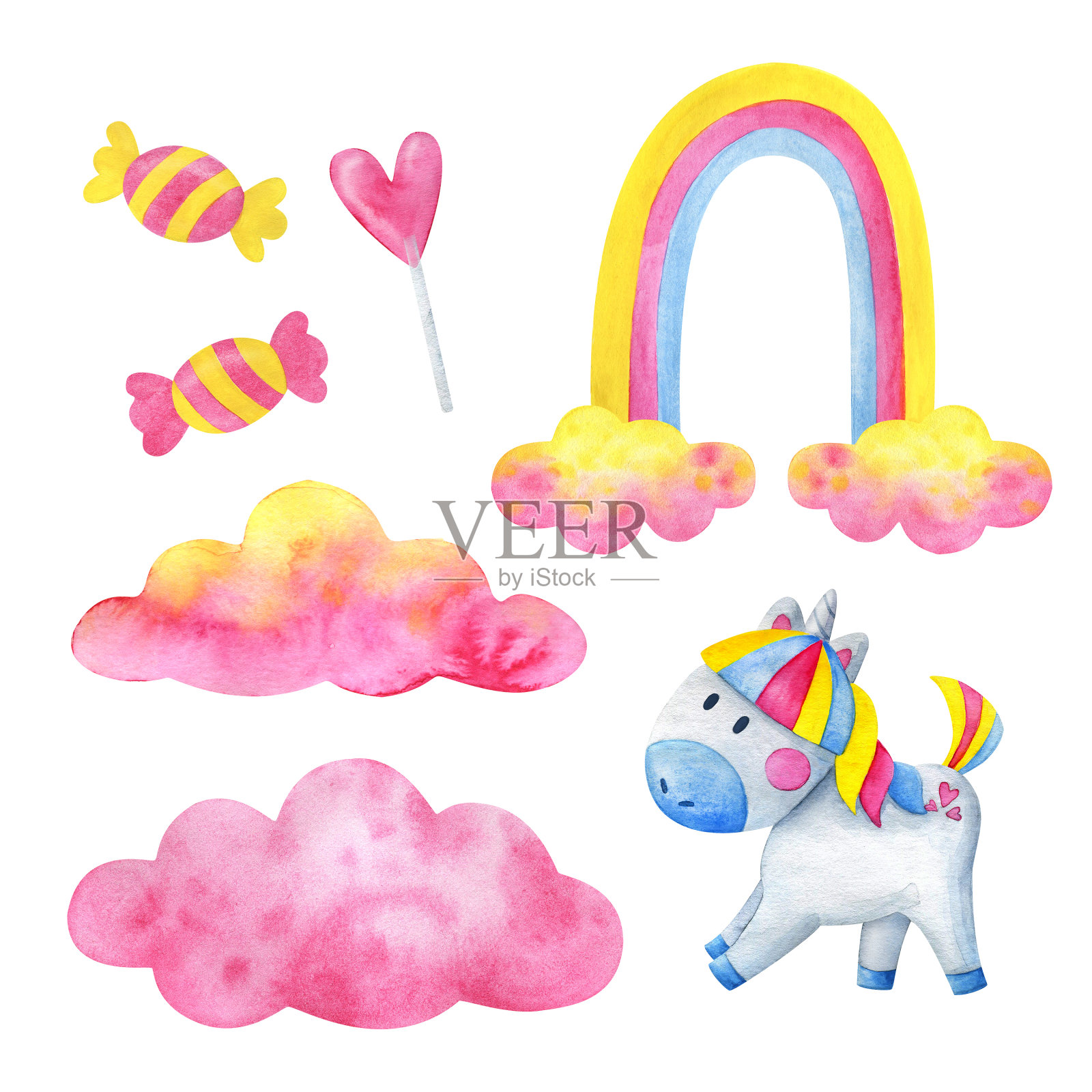 白色的独角兽，粉红色的云，彩虹，糖果，一套可爱的插图。水彩童话元素孤立的白色背景插画图片素材