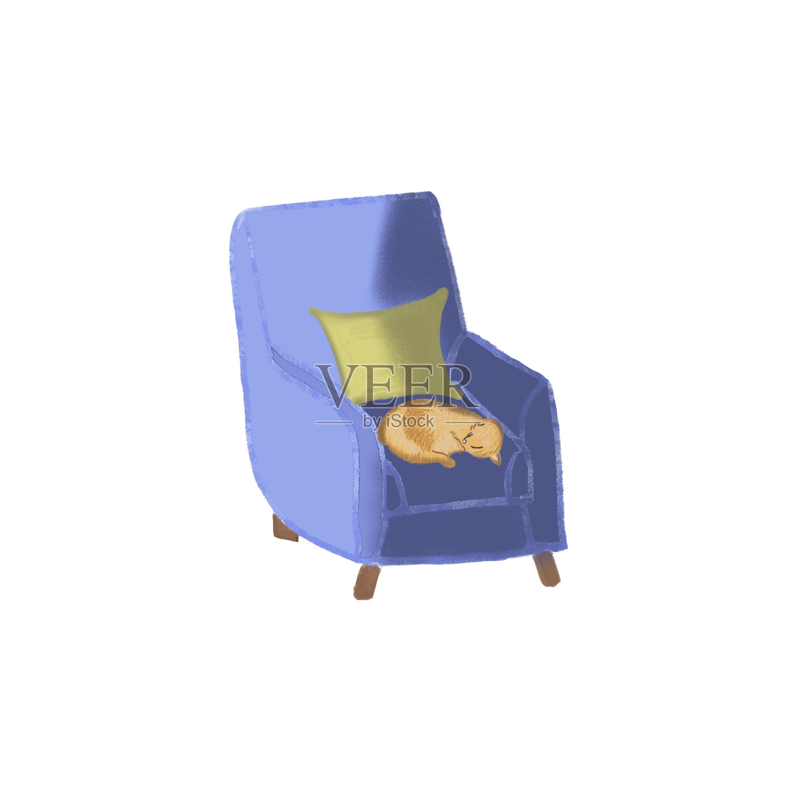 蓝色扶手椅插图与黄色枕头和熟睡的猫孤立在白色。舒适的家的概念。家庭室内设计。在室内。家具。呆在家里插画图片素材