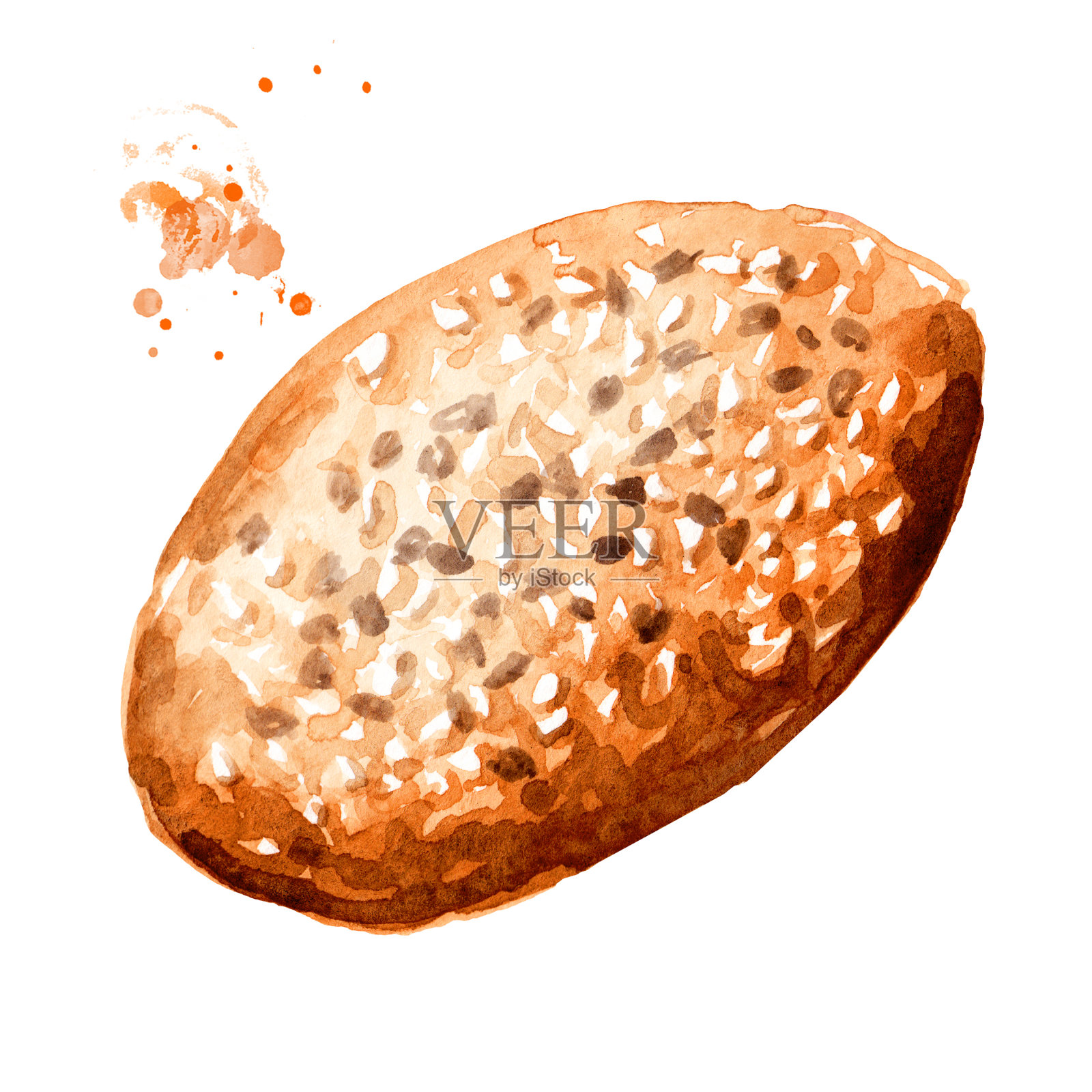 新鲜烘焙食品，芝麻面包。手绘水彩插图孤立的白色背景插画图片素材