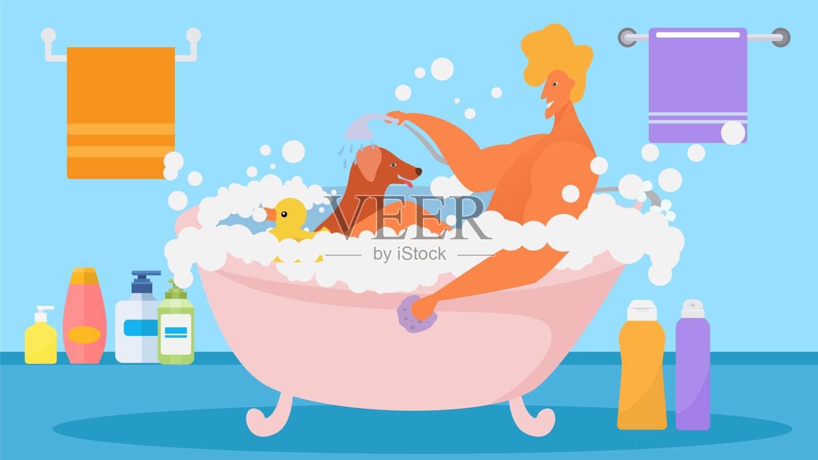 一个男人与狗洗澡在浴缸矢量插图。插画图片素材