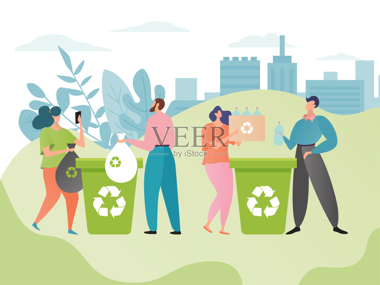 回收站概念矢量插图，卡通平面人物扔垃圾垃圾，回收垃圾垃圾一起，保护生态插画图片素材