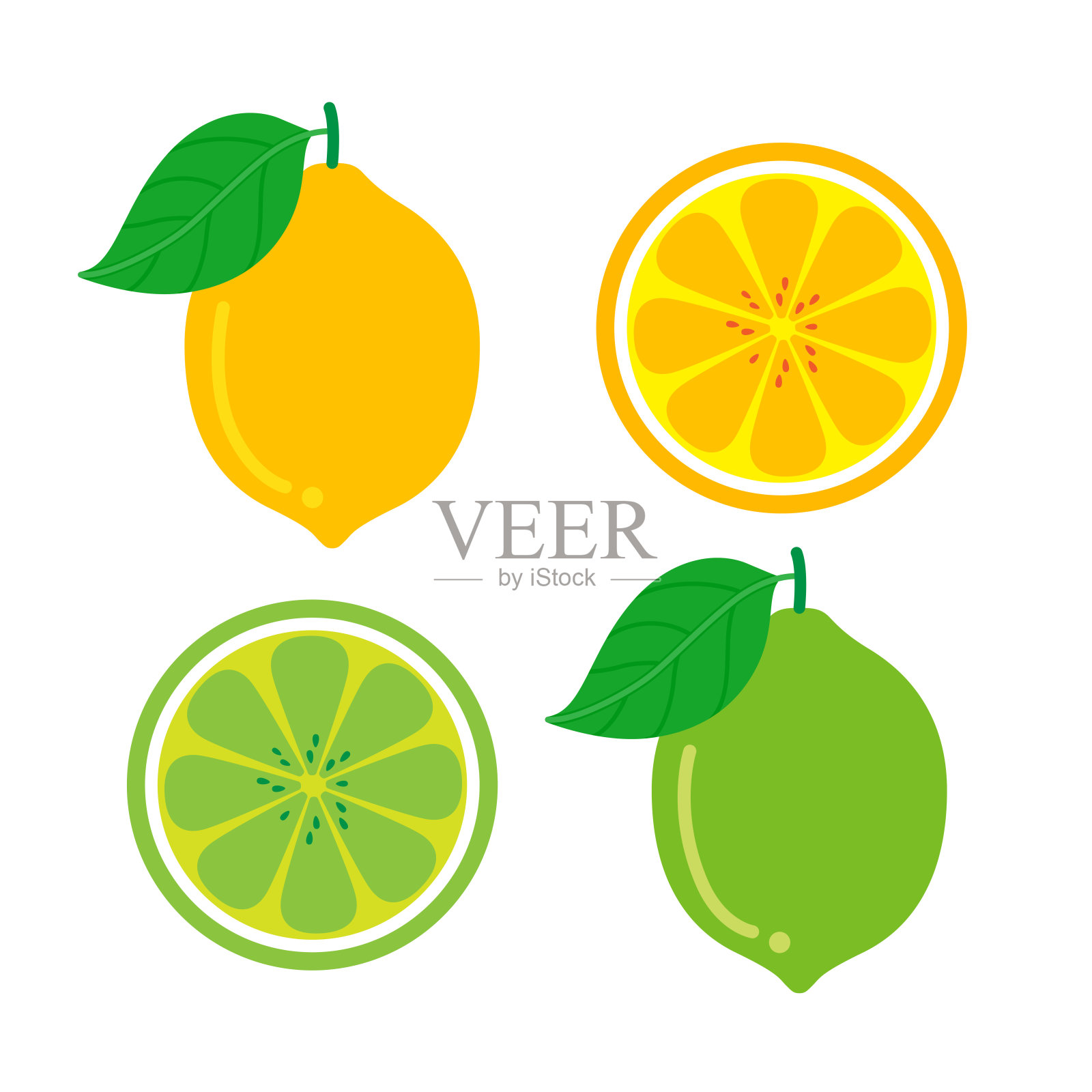 角色卡通柠檬水果和酸橙，是分割在一个白色的背景。矢量插图。插画图片素材