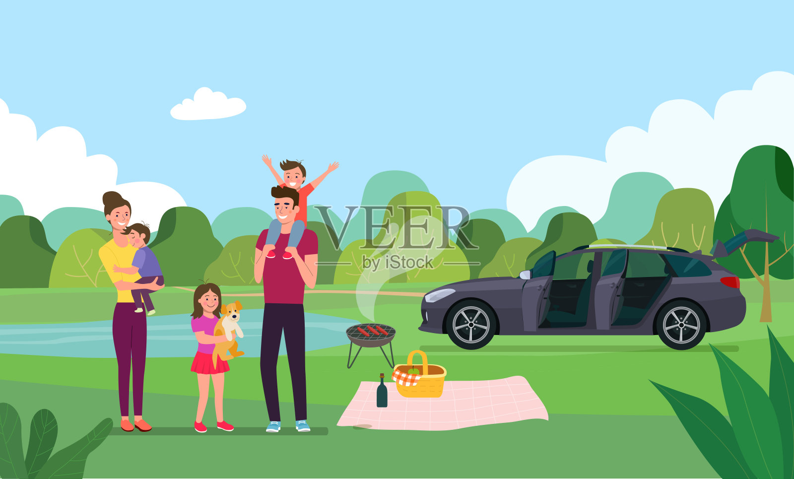 幸福的一家人在森林里野餐。矢量平面插图。插画图片素材