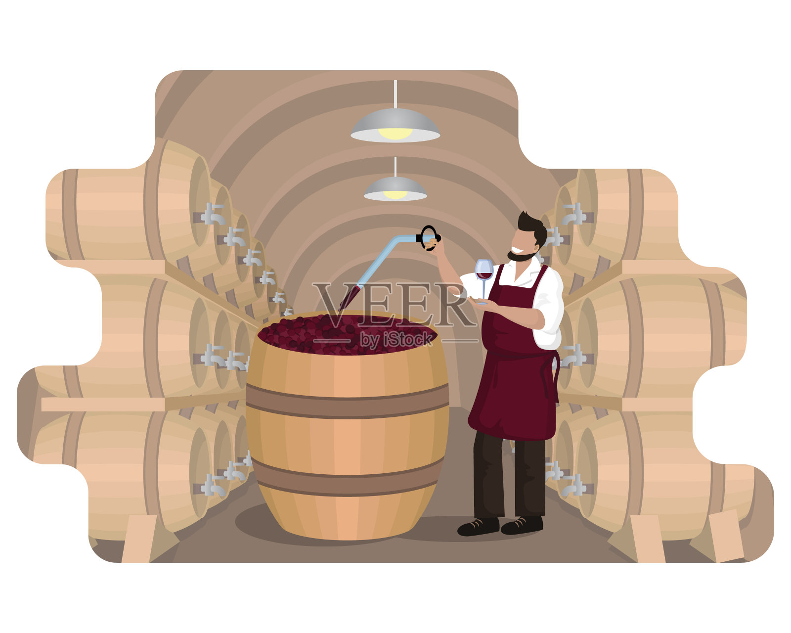 男酿酒师在酒窖的大木桶和橡木桶中检查发酵过程中的葡萄酒插画图片素材