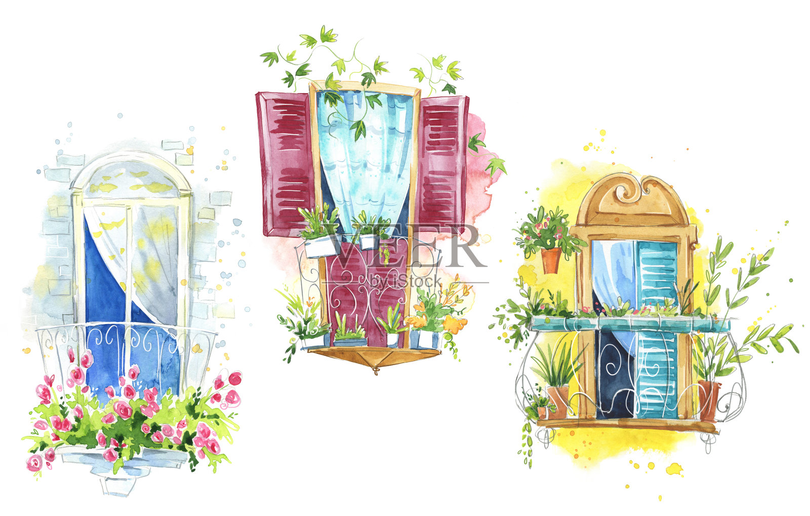 一套可爱的水彩阳台装饰花卉，建筑细节。插画图片素材