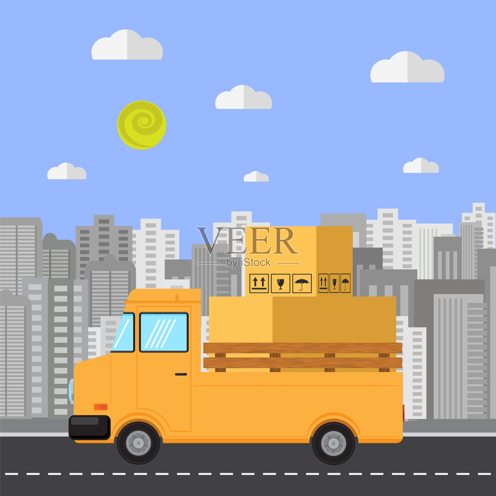 快速交付标志设计与纸盒上的橙色卡车。侧视图。插画图片素材