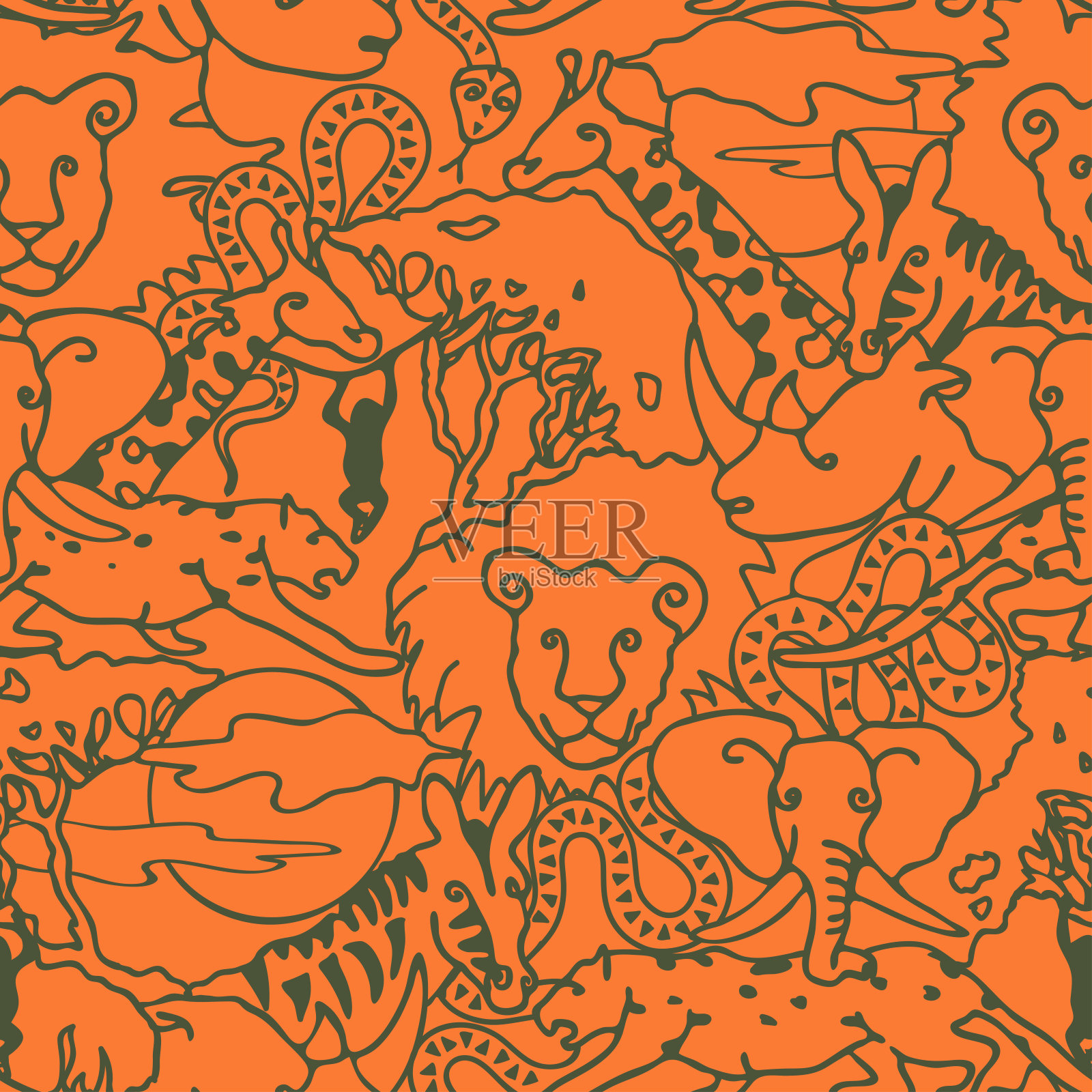 无缝矢量模式与草原动物线艺术在橙色的背景。可爱有趣的非洲儿童墙纸设计。轮廓斑马，狮子，大象和猴子。插画图片素材