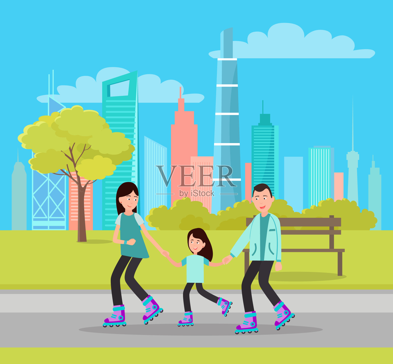幸福家庭轮滑城市公园摩天大楼插画图片素材