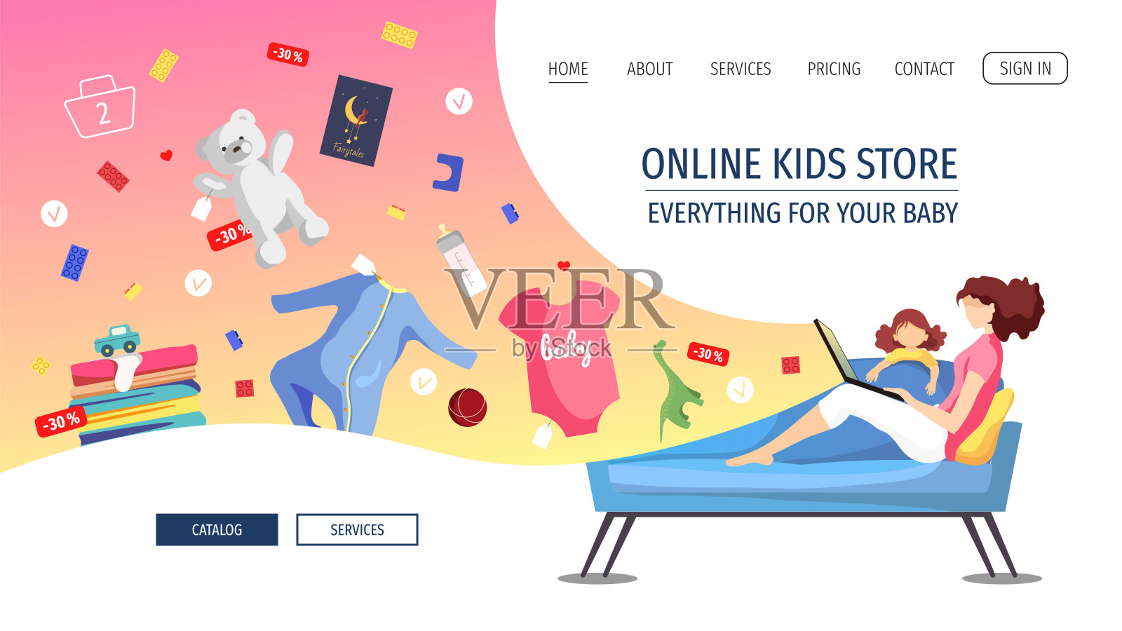 网页设计模板的婴儿商店，儿童服装和玩具，网上购物。年轻女子坐在沙发上订购产品。设计模板素材